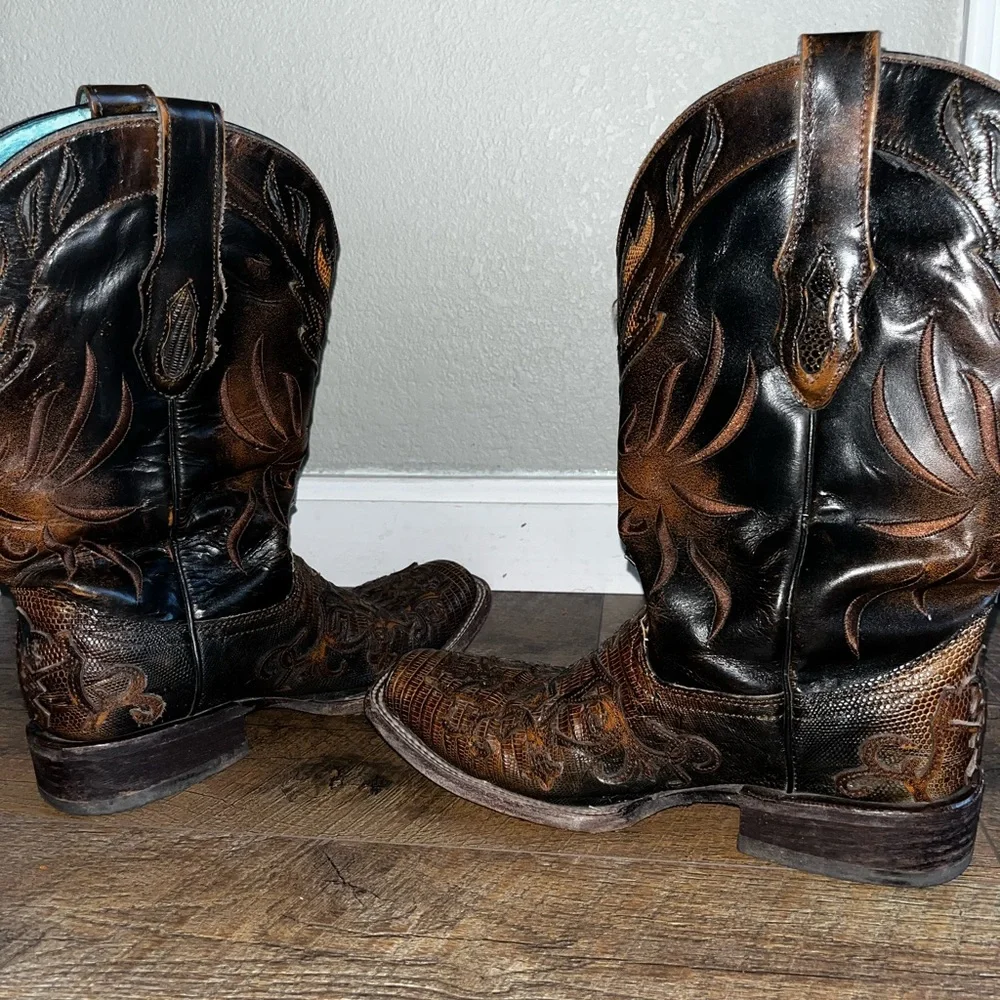 Corral Boots Cognac‎ Teju Lizard Cross Overlay Square Toe Cowgirl C2680 size 8.5 - Picture 10 of 16